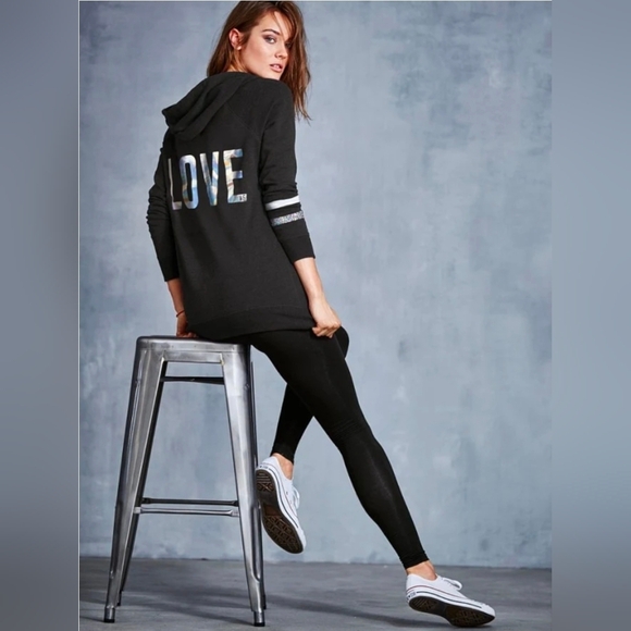 Victoria's Secret Tops - PINK Victoria's Secret LOVE Hooded Sweater W/Sequins, Gray, Womens Large